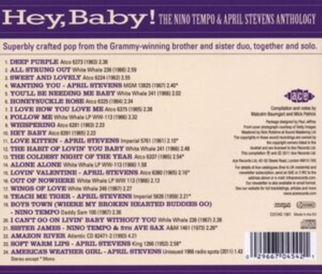 Product Image : This CD is brand new.<br>Format: CD<br>Music Style: Vocal<br>This item's title is: Hey Baby: Anthology<br>Artist: April Nino / Stevens Tempo<br>Label: ACE RECORDS<br>Barcode: 029667045421<br>Release Date: 3/28/2011