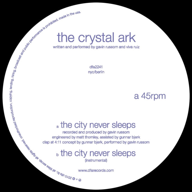This LP Vinyl is brand new.Format: LP VinylThis item's title is: City Never SleepsArtist: Crystal ArkLabel: DFA RECORDSBarcode: 829732224115Release Date: 3/16/2010