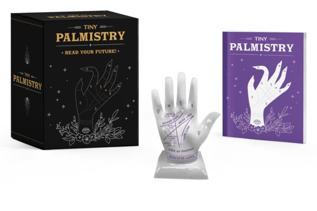 Binding: Multiple Components
Description: Read your future add a touch of the mystical to your home and learn the art of palm reading with Tiny Palmistry! This kit includes: * Miniature porcelain palm (3 - inch height) with key lines (love line life line) and mounts (Venus Mercury) marked in metallic ink.