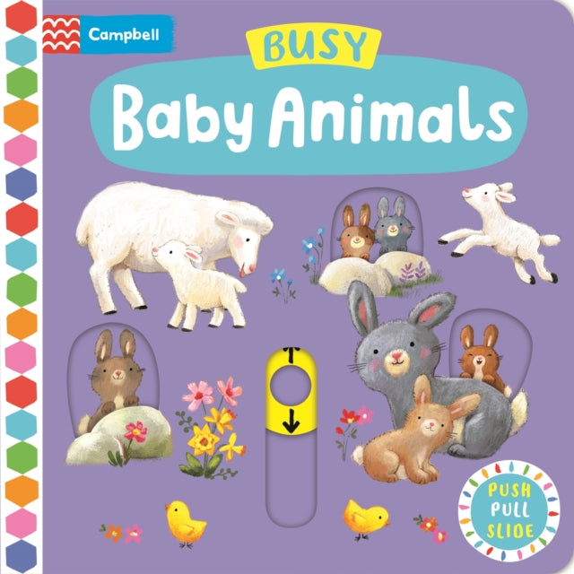 Binding: Special Bindings
Description: Push pull and slide the tabs to meet all the Busy Baby Animals. See lambs leaping in the field piglets playing in the mud and cheeping chicks as they hatch.