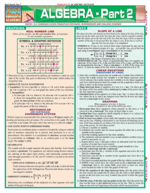 Binding: Visual And Mapping
Description: Algebra 2 is the advanced Quick Study guide specially designed for students who are already familiar with Algebra 1.