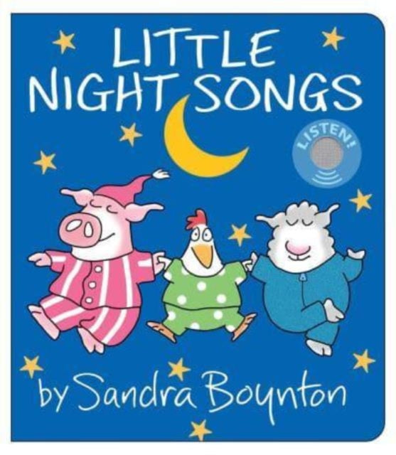 Binding: Special Bindings
Description: Read and sing along with this adorable sound book that plays FIVE quick little night songs for sleepy kids by the one and only Sandra Boynton! Each page turn in this nighttime book prompts a different song to play with the press of a button.