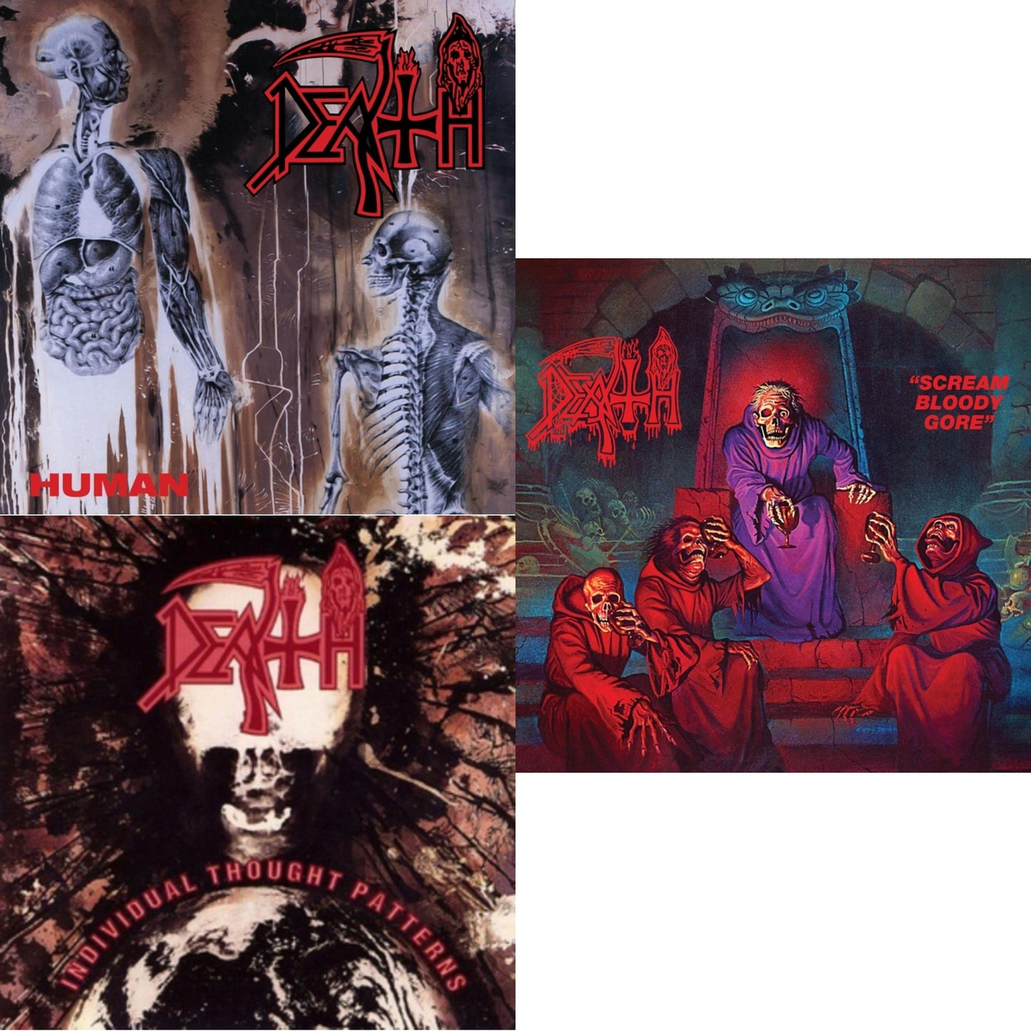 Scream Bloody Gore (Neon Violet, Bone White & Red Tri Color Merge With Splatter LP Vinyl) & Human (Bone White, Blue Jay & Gold Tri Color Merge With Splatter LP Vinyl) & Individual Thought Patterns - Reissue
