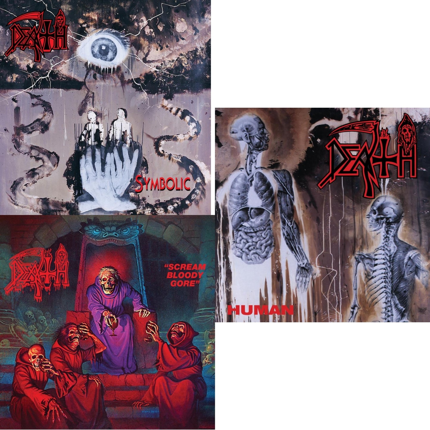 Symbolic & Scream Bloody Gore (Neon Violet, Bone White & Red Tri Color Merge With Splatter LP Vinyl) & Human (Bone White, Blue Jay & Gold Tri Color Merge With Splatter LP Vinyl)