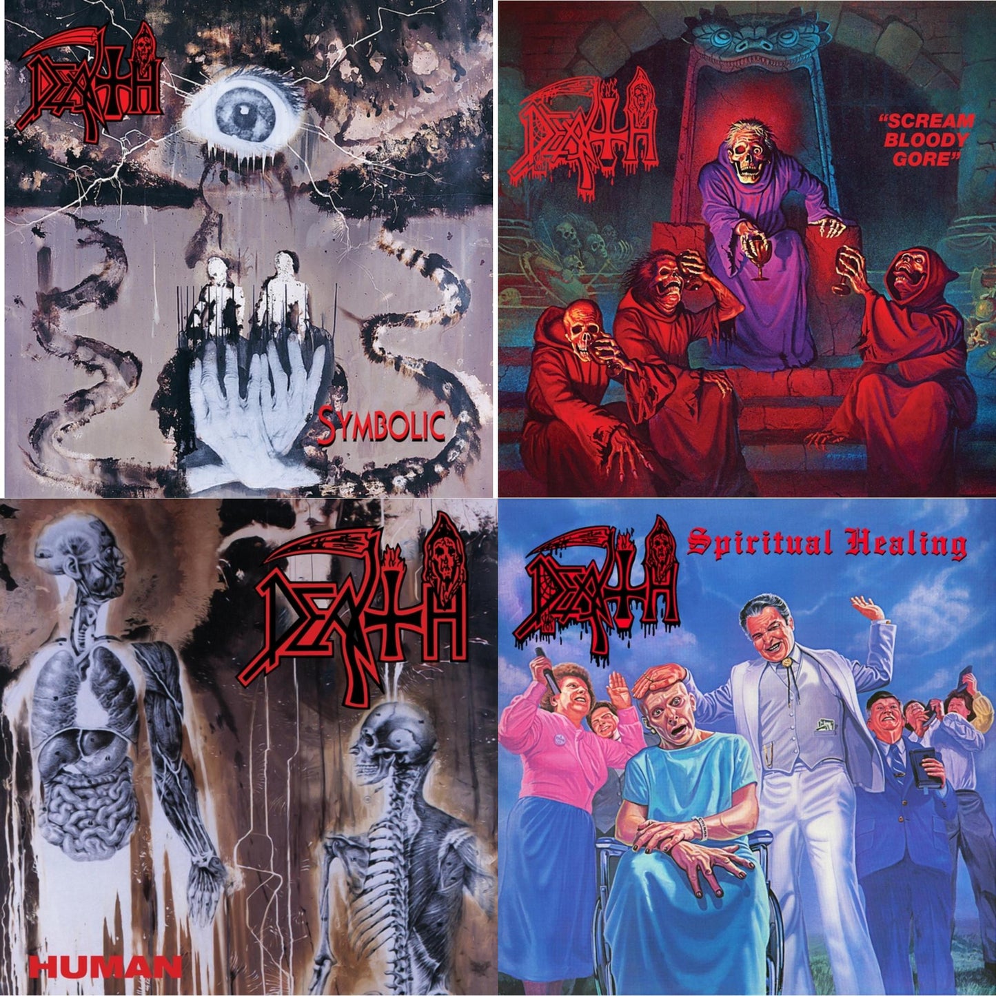 Symbolic & Scream Bloody Gore (Neon Violet, Bone White & Red Tri Color Merge With Splatter LP Vinyl) & Human (Bone White, Blue Jay & Gold Tri Color Merge With Splatter LP Vinyl) & Spiritual Healing