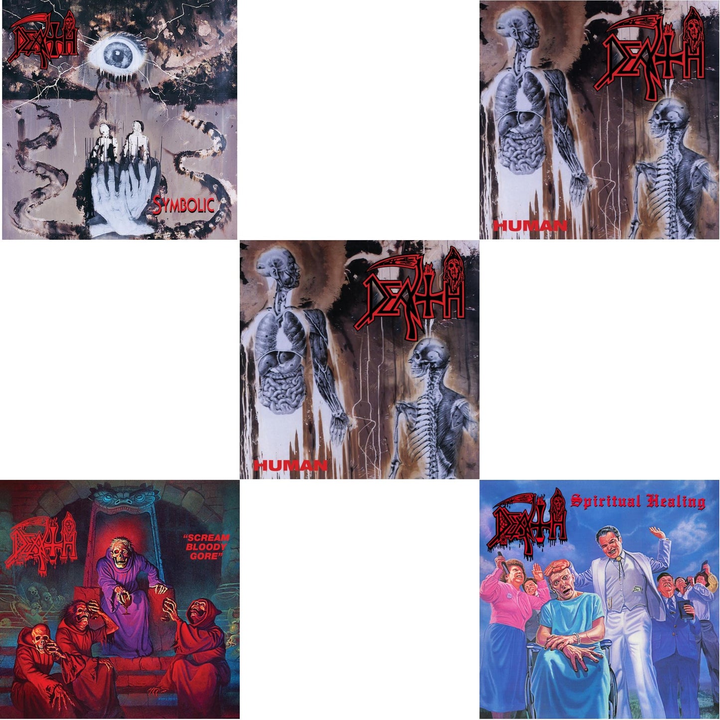 Symbolic & Scream Bloody Gore (Neon Violet, Bone White & Red Tri Color Merge With Splatter LP Vinyl) & Human (Bone White, Blue Jay & Gold Tri Color Merge With Splatter LP Vinyl) & Human (Remastered Reissue) & Spiritual Healing