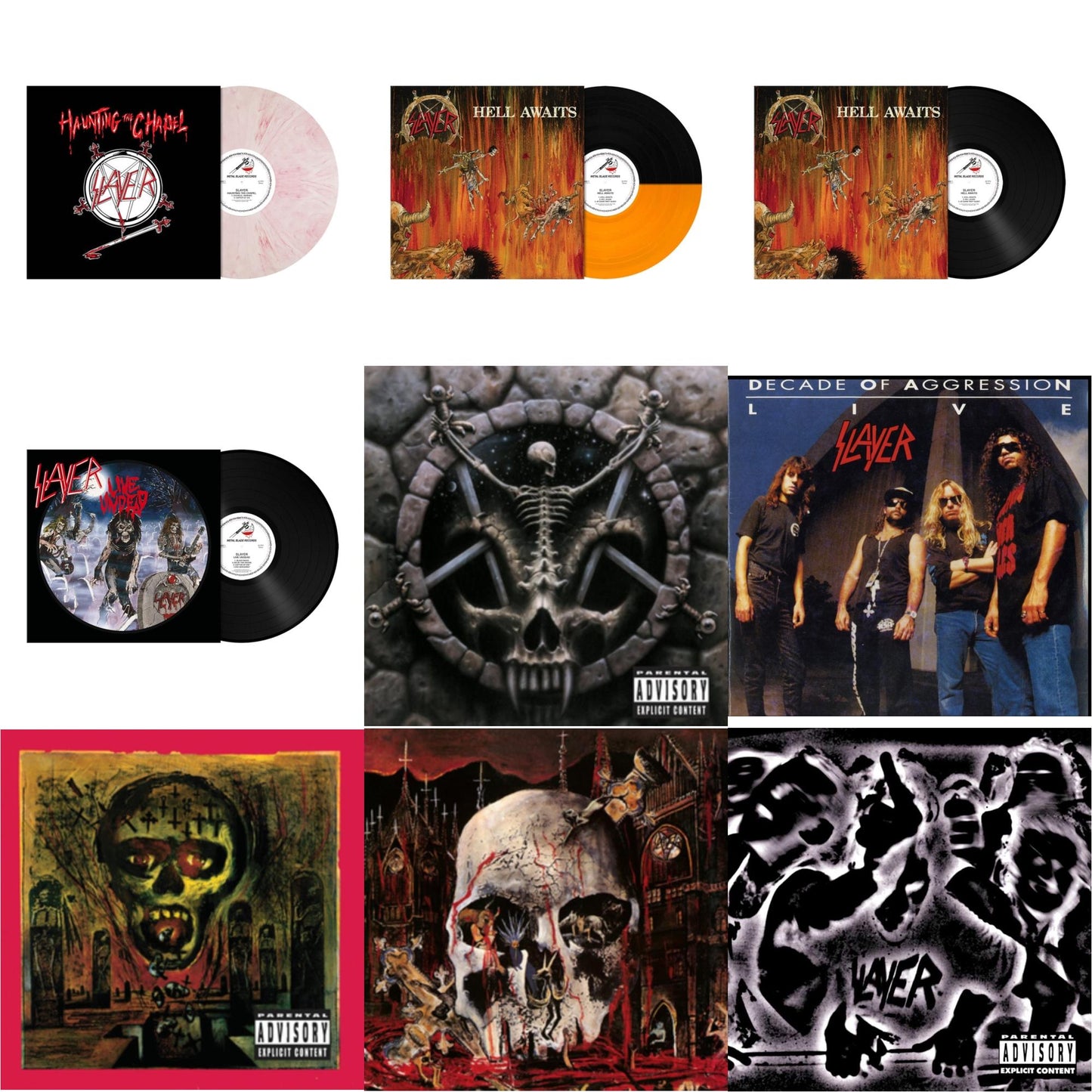 Slayer - Haunting The Chapel (Red & White Marbled LP Vinyl) & Hell Awaits (Transparent Orange & Black Split LP Vinyl) & Hell Awaits (180G) & Live Undead (180G) & Divine Intervention & Live: Decade Of Aggression & Seasons In Abyss & South Of Heaven &