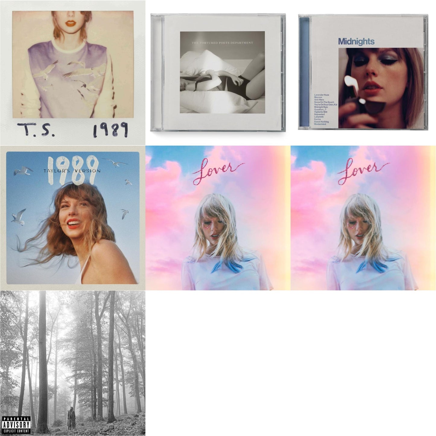 Folklore (X) & Midnights (X) (Moonstone Blue CD) & 1989 (Taylor's Version) & Tortured Poets DepartmentĀ (X) (Manuscript- Bonus Track) & Lover (Deluxe) (Version 2) & Lover & 1989