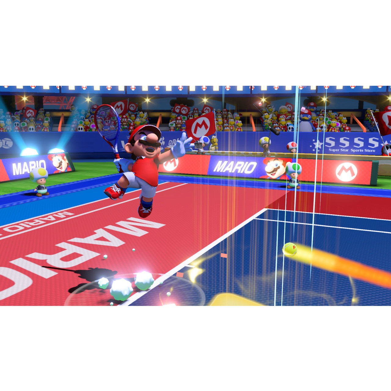 Product Image : This is brand new.<br>Unleash an arsenal of shots and strategies in all-out tennis battles with friends, family, and fan-favorite Mushroom Kingdom characters. Whether you play locally,* online,** or using simple motion controls, intense rallies await! In story mode, experience a new favor of tennis gameplay, with a variety of missions, boss battles and more.
Complete missions and boss battles in story mode while mastering the controls. Test your hard-earned skills in singles or doubles with