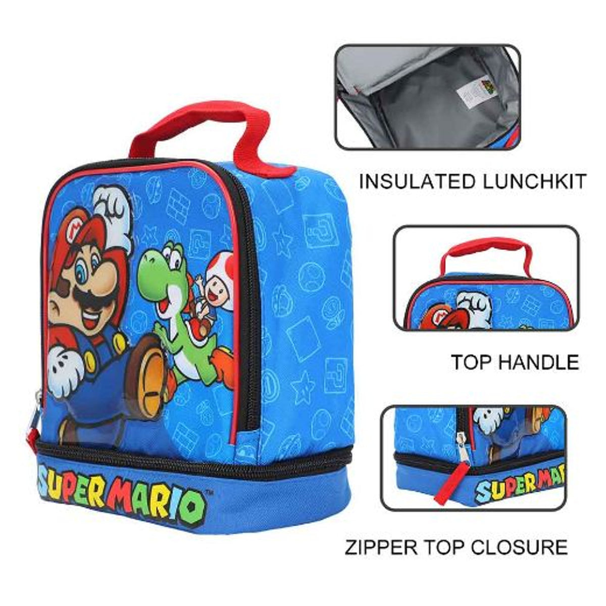 This is brand new.Double compartmentDurable & insulated lunch toteZipper top closureMaterial: Polyester/PVCDimensions: 9H X 7.5 LX 5W in.Care: Wipe clean with a damp clothThis item's title is: Insulated Lunch Tote: Super Mario BrosBarcode: 196179830439This was released: 2024