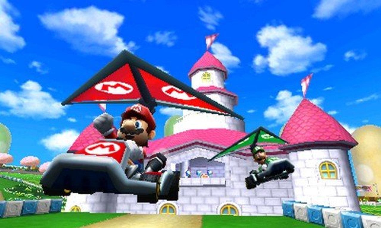 This is brand new.The newest installment of the fan-favorite Mario Kart franchise brings Mushroom Kingdom racing fun into glorious 3D. For the first time, drivers explore new competitive kart possibilities, such as soaring through the skies or plunging to the depths of the sea.