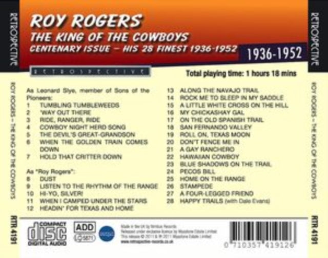 Product Image : This CD is brand new.<br>Format: CD<br>Music Style: Country<br>This item's title is: King Of The Cowboys<br>Artist: Roy Rogers<br>Barcode: 710357419126<br>Release Date: 5/15/2014