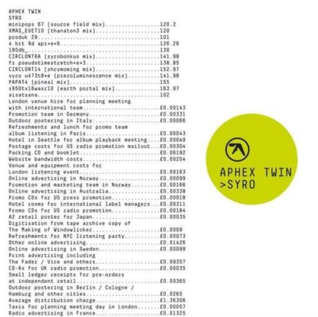 Product Image : This CD is brand new.<br>Format: CD<br>Music Style: Breakbeat<br>This item's title is: Syro<br>Artist: Aphex Twin<br>Label: WARP RECORDS<br>Barcode: 801061024727<br>Release Date: 9/23/2014