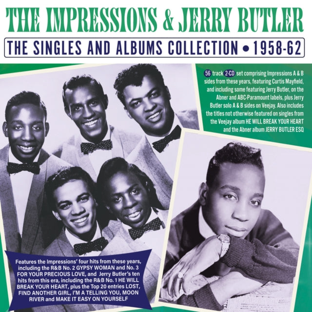 Product Image : This CD is brand new.<br>Format: CD<br>Music Style: Rhythm & Blues<br>This item's title is: Singles & Albums Collection 1958-62<br>Artist: Impressions & Jerry Butler<br>Label: ACROBAT<br>Barcode: 824046345327<br>Release Date: 1/20/2023