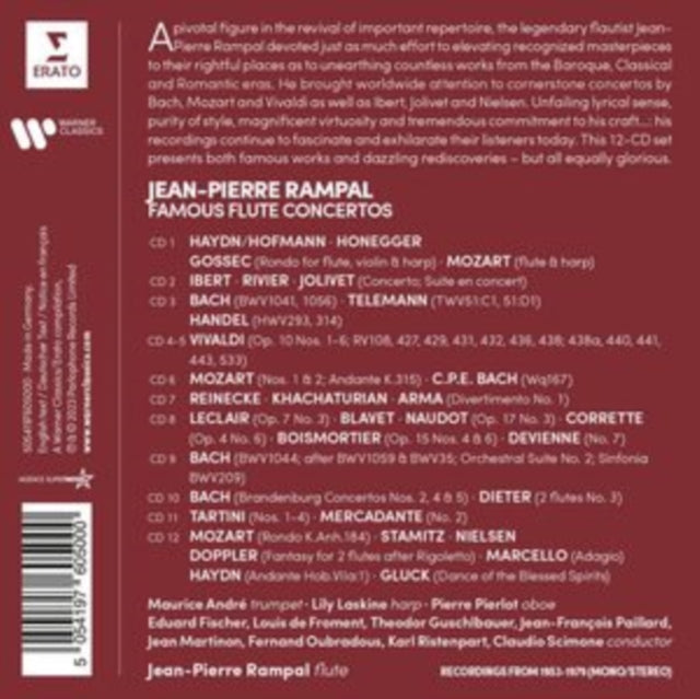 This CD is brand new.Format: CDMusic Style: BaroqueThis item's title is: Famous Flute Concertos (12 CD Boxset)Artist: Jean-Pierre RampalLabel: WARNER CLASSICSBarcode: 5054197605000Release Date: 8/25/2023