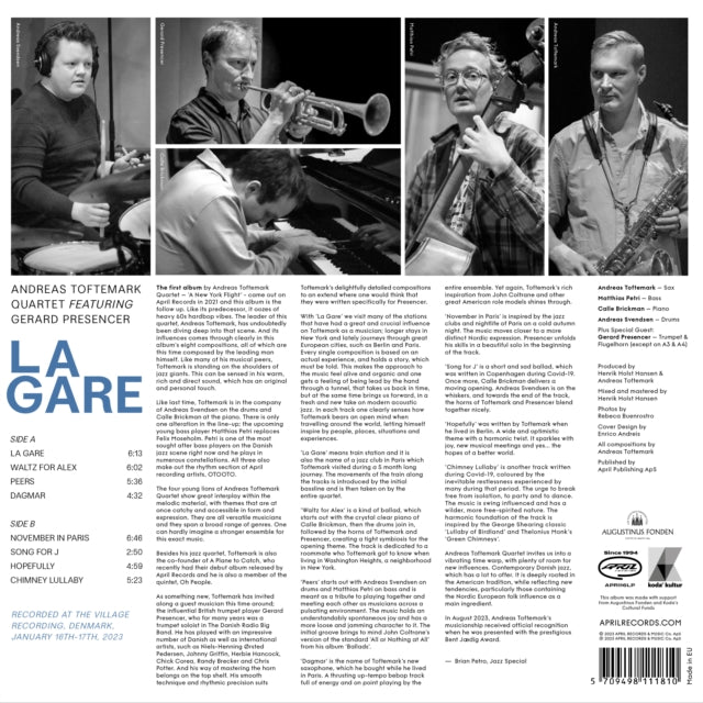 Product Image : This LP Vinyl is brand new.<br>Format: LP Vinyl<br>Music Style: Contemporary Jazz<br>This item's title is: La Gare<br>Artist: Andreas Quartet Feat. Gerard Presencer Toftemark<br>Label: April Records<br>Barcode: 5709498111810<br>Release Date: 2/2/2024