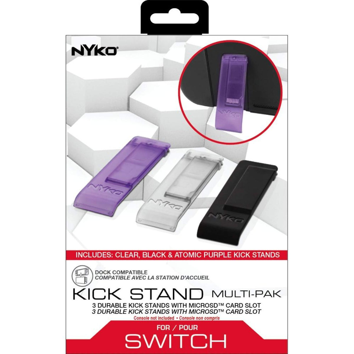 This is brand new.Customize your Nintendo Switch with Kick Stand Multi Pak from Nyko. Kick Stand Multi Pak includes 3 different colored replacement kick stands and an additional Micro-SD card can be stored inside of them. Installation of the kick stand is simple and snaps right into place - no tools required.