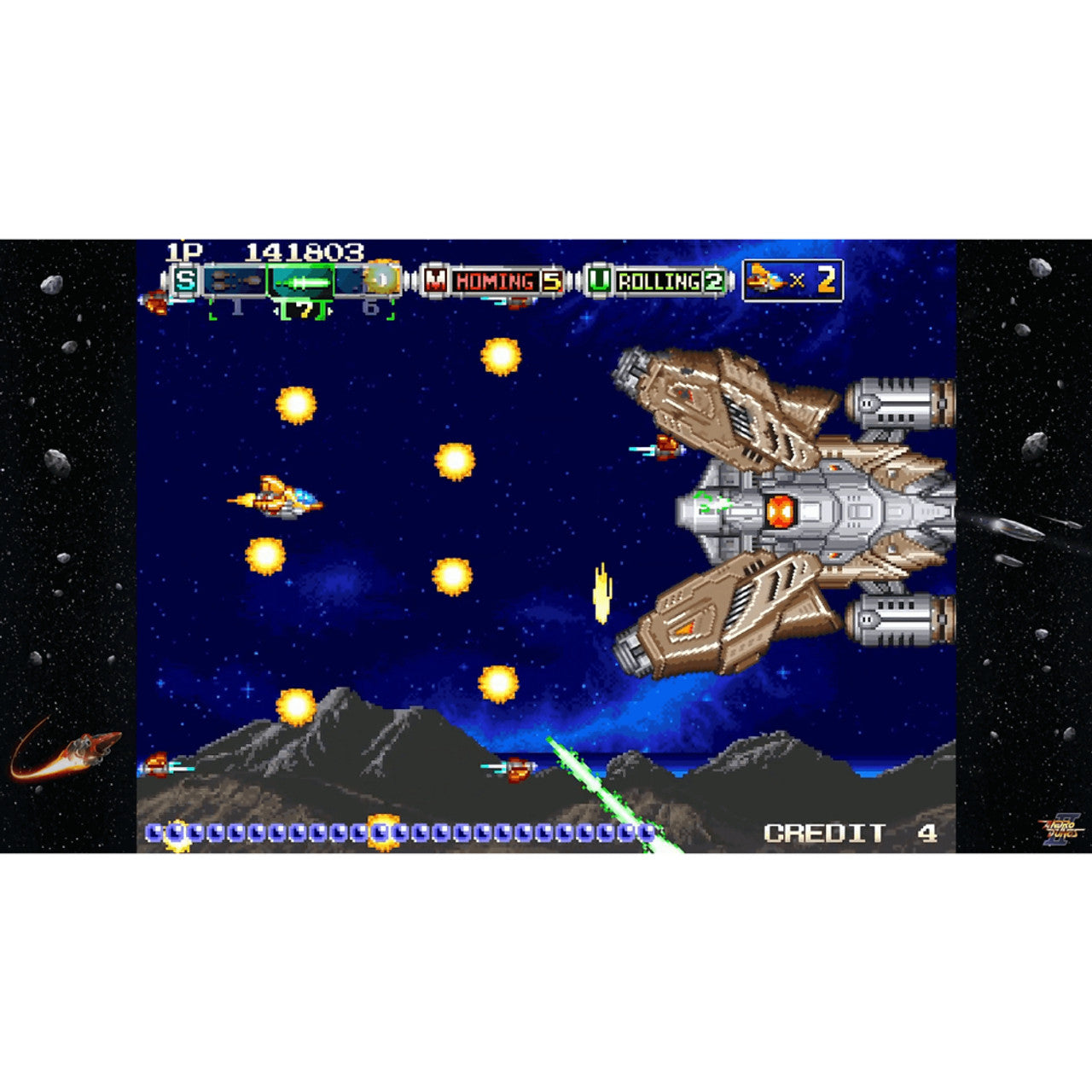 This is brand new.The sequel to the famous shoot’em up from Visco studio is coming to PixelHeart. It’s time to bring out your good old spaceship fighter in ANDRO DUNOS 2.
Once upon a time…
Andro Dunos (アンドロデュノス, in japanese) is a side scrolling arcade game from shoot’em up category (Shmup).