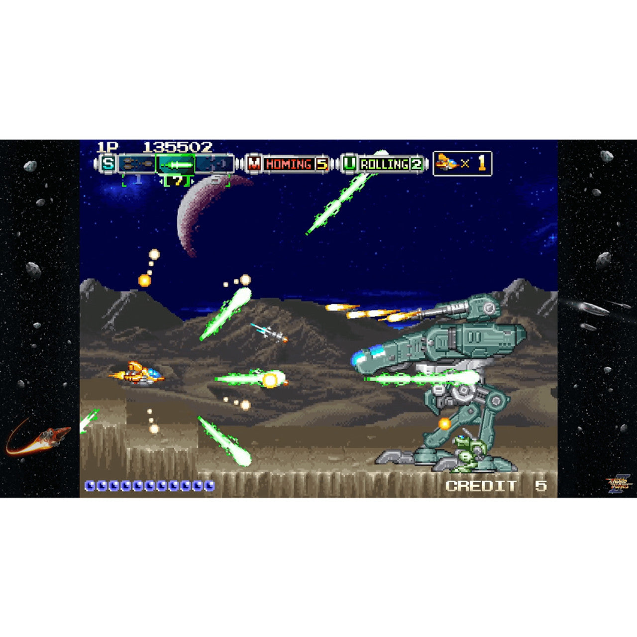 This is brand new.The sequel to the famous shoot’em up from Visco studio is coming to PixelHeart. It’s time to bring out your good old spaceship fighter in ANDRO DUNOS 2.
Once upon a time…
Andro Dunos (アンドロデュノス, in japanese) is a side scrolling arcade game from shoot’em up category (Shmup).