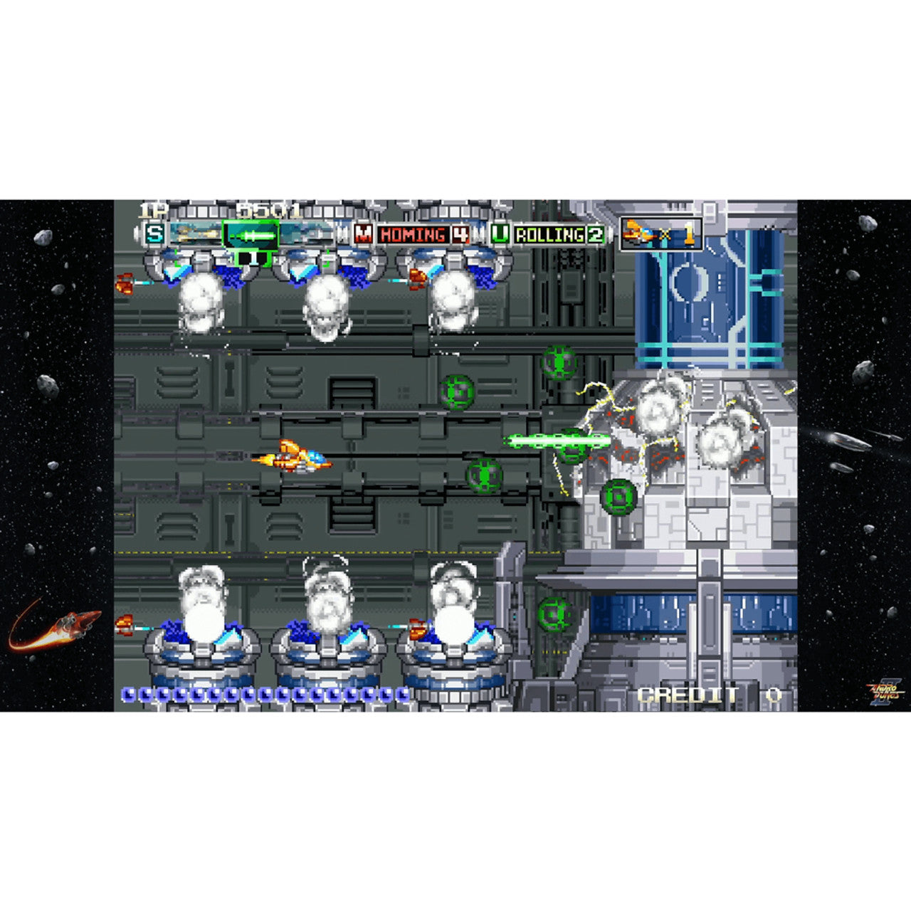 This is brand new.The sequel to the famous shoot’em up from Visco studio is coming to PixelHeart. It’s time to bring out your good old spaceship fighter in ANDRO DUNOS 2.
Once upon a time…
Andro Dunos (アンドロデュノス, in japanese) is a side scrolling arcade game from shoot’em up category (Shmup).