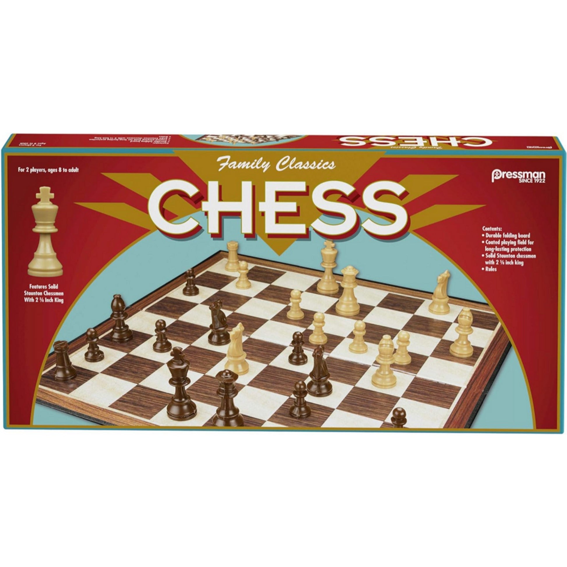This is brand new.This is the perfect chess set to add to your family game collection. This set includes a folding chess board and full-size Staunton chess pieces, which features a 2.5" King. For 2 players, ages 8 and up.
