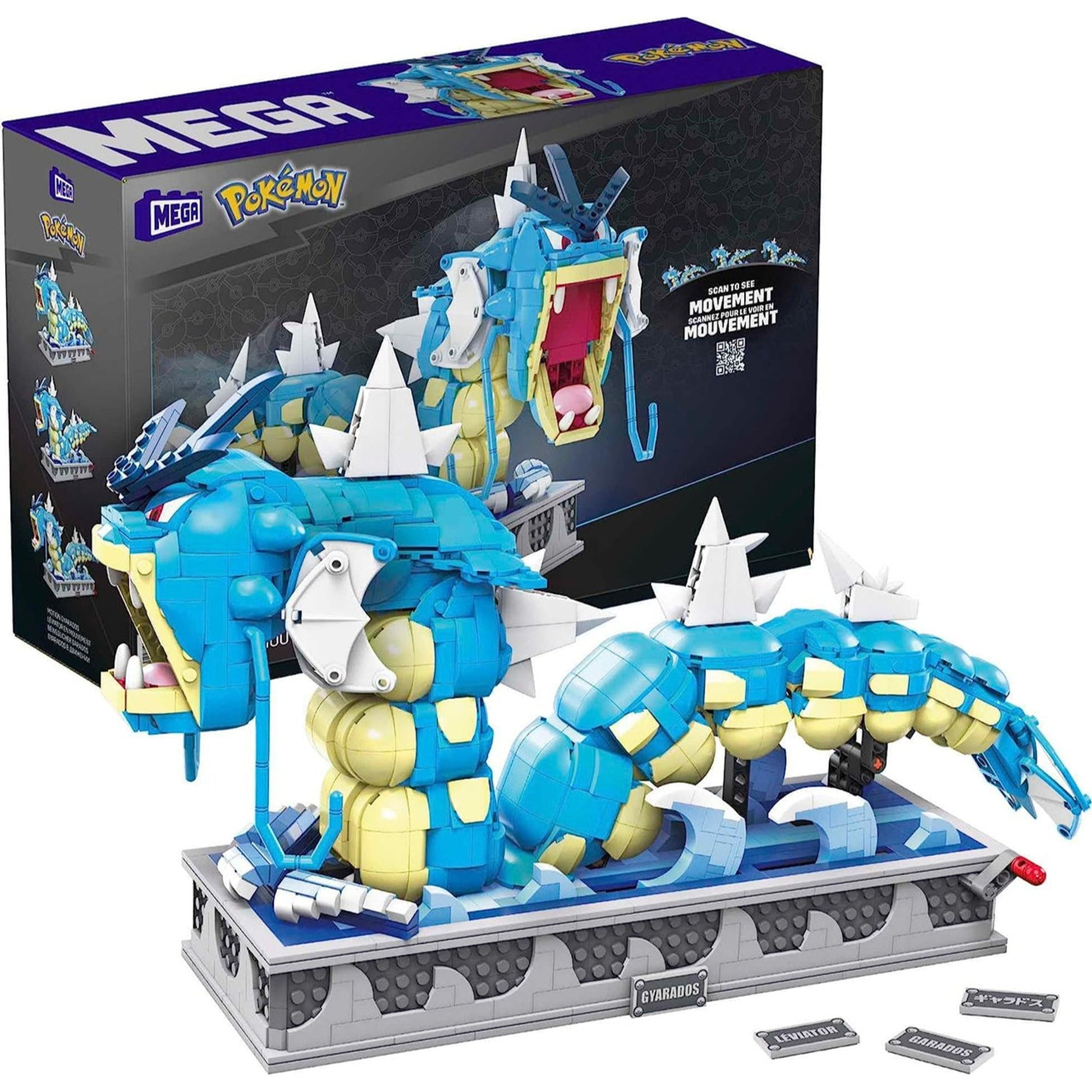 This is brand new.Build a detailed and elaborate Gyarados with this fully mechanized building set, which is mounted on a display and features animated movements like an opening mouth, flapping tail and pivoting neck when the toy is activated by a hand-turned crank.