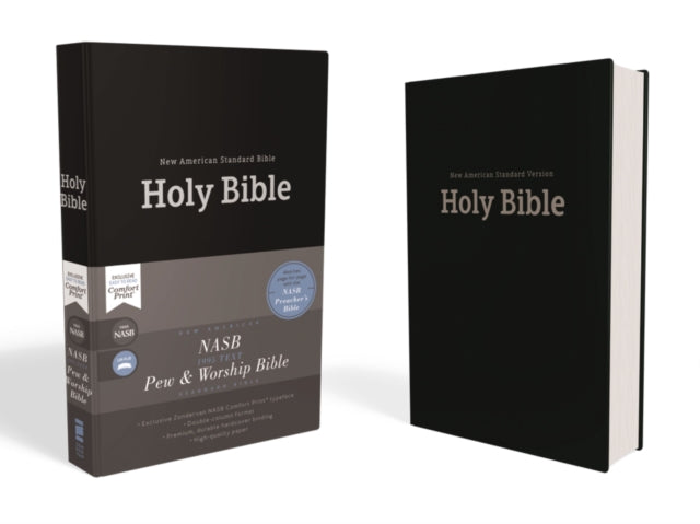 Binding: Hardcover
Description: The NASB Pew and Worship Bible is perfect for any church pew or classroom and matches page - for - page with the NASB Preacher's Bible.