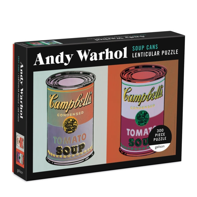Binding: Toys & Hobbies
Description: This new puzzle style features an image from Warhol's iconic Soup Can series. The lenticular image is mounted on the box so you can preview the soup cans shifting from one colorway to the next as the puzzle is assembled.