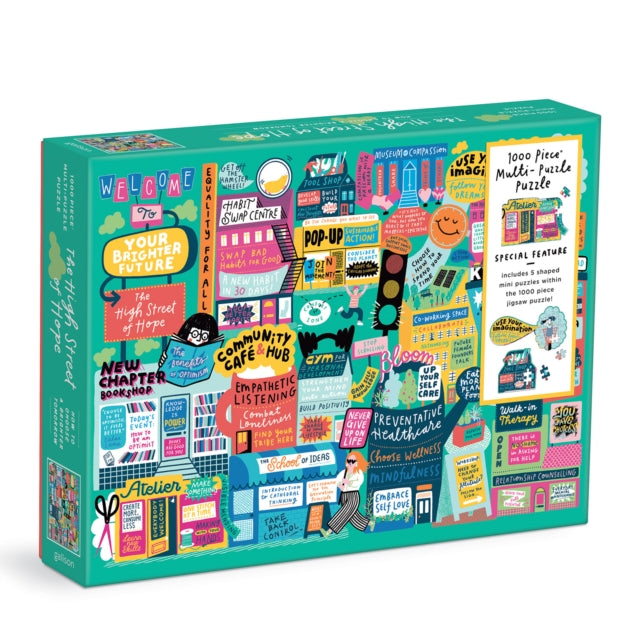 Binding: Toys & Hobbies
Description: The High Street of Hope 1000 Piece Multi - Puzzle Puzzle from Galison features a colorful montage of slogans and mantras that lift your spirits and provide purpose for everyday life. This puzzle also includes 5 mini shaped puzzles within for various slogan signs.