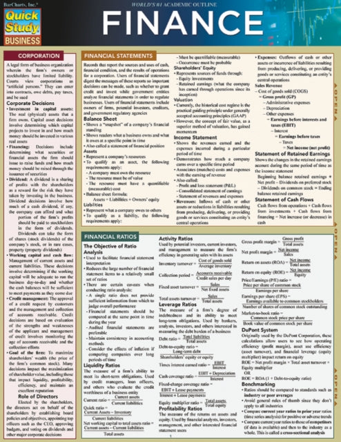 Binding: Visual And Mapping
Description: Foundations of finance in 6 laminated pages for business students and professionals alike. Quick access to the essentials provides an opportunity for review throughout an entire course daily weekly or before exams.