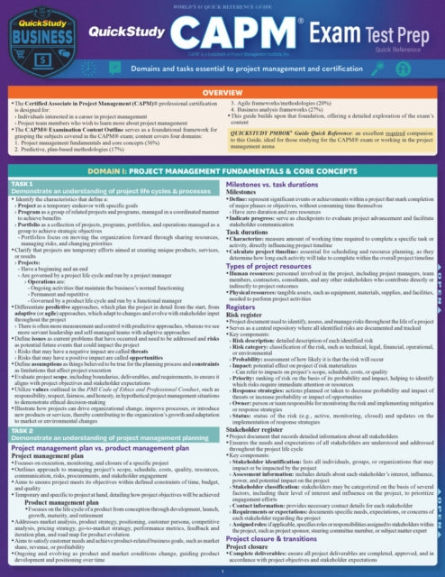 Binding: Visual And Mapping
Description: Essential test prep for the Certified Associate in Project Management (CAPM ) exam and handy reference to the exam content outline domains and tasks for test - takers professionals and teams working in project management.