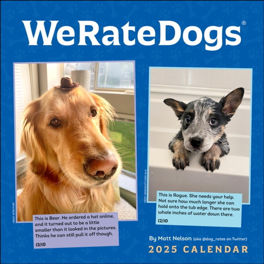 Binding: Calendars
Description: Based on the mega - popular We Rate Dogs social media accounts by Matt Nelson the pup - lifting calendar's monthly spreads spotlight four terrific dogs in seasonal or comical themes.