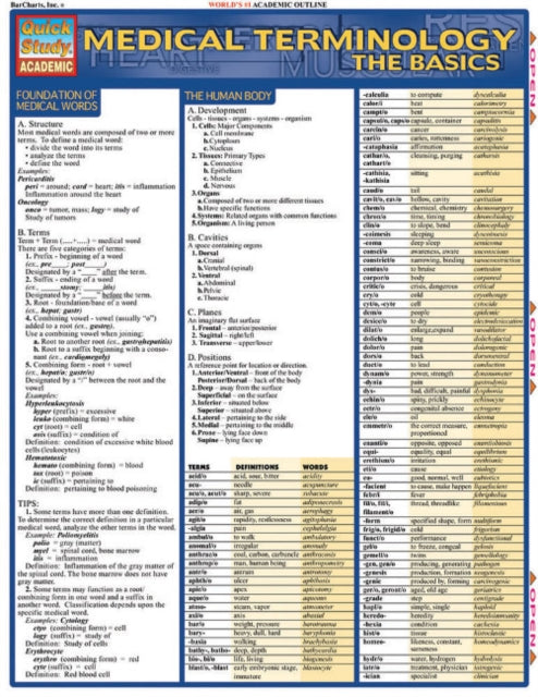 Binding: Visual And Mapping
Description: This 6 - page chart covers every aspect of the structure of medical terminology and its use in the field. Chart includes detailed information on: foundation of medical words; the human body; terminology sets; five senses; synonyms; glossary.