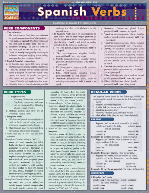 Binding: Visual And Mapping
Description: Basics of Spanish verbs in our easily accessible format.
Title: Spanish Verbs
Author(s): Bengtson William
Publisher: Barcharts Inc
Barcode: 9781572228122
Pages: 6 Pages
Publication Date: 2/17/2004
Category: Encyclopaedias & Reference Works