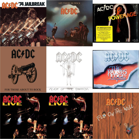 74 Jailbreak & Let There Be Rock & Powerage & For Those About To Rock & Flick Of The Switch & Razor's Edge & Live & Live & Fly On The Wall