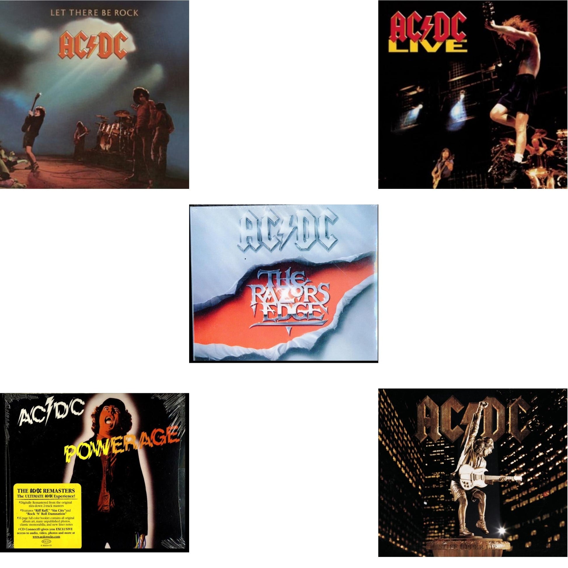This is a 5 CD SKU bundle.
1.This CD is brand new.Format: CDMusic Style: Hard RockThis item's title is: Let There Be RockArtist: Ac/DcLabel: LEGACYBarcode: 696998020320Release Date: 4/29/2003
2.This CD is brand new.