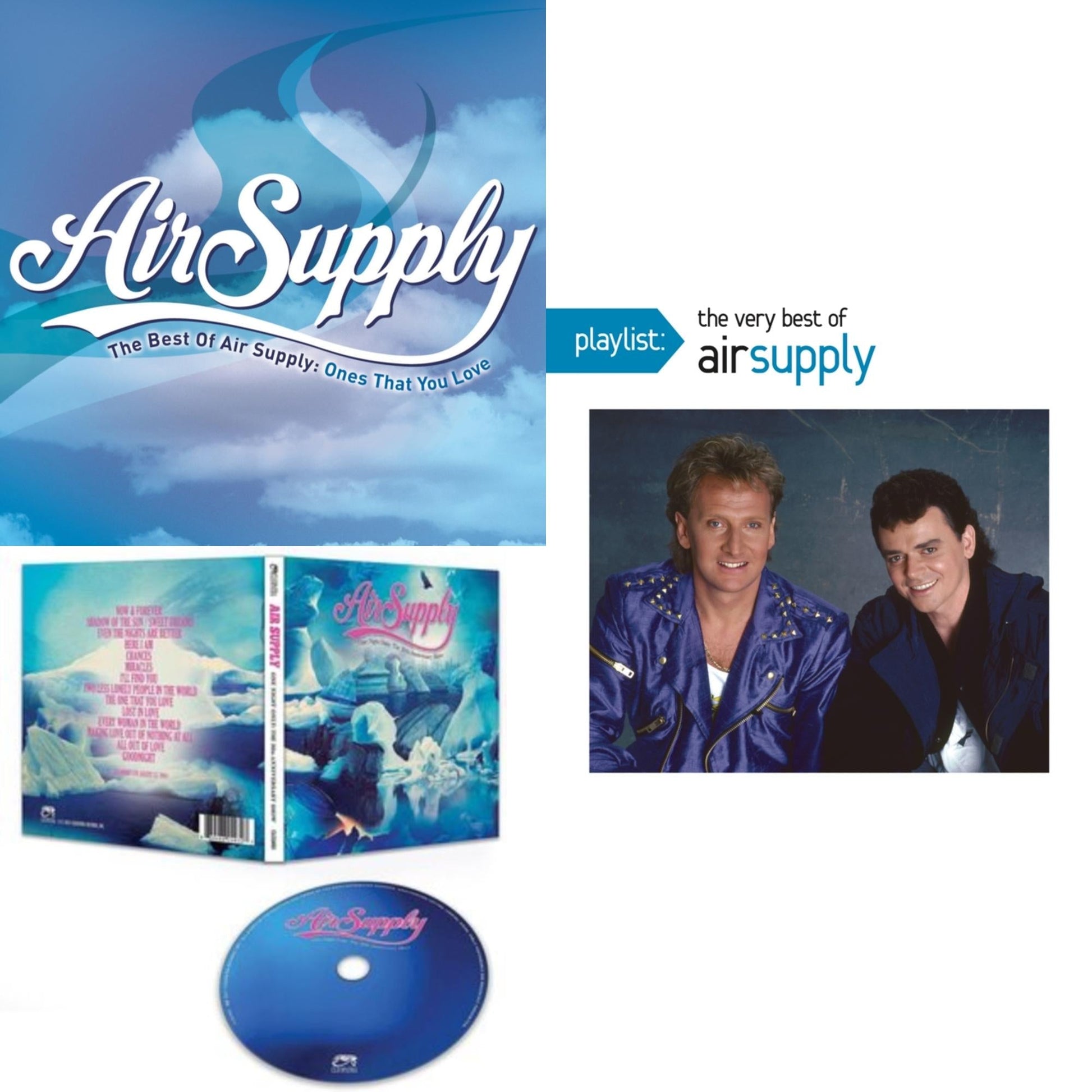 This is a 3 CD SKU bundle.
1.This CD is brand new.Format: CDMusic Style: AcousticThis item's title is: Best Of Air Supply: Ones That You LoveArtist: Air SupplyLabel: LegacyBarcode: 886971020625Release Date: 6/19/2007
2.This CD is brand new.