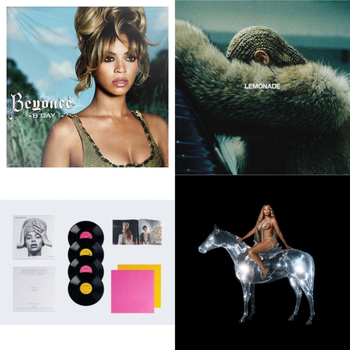 This is a 4 LP Vinyl SKU bundle.
1.This LP Vinyl is brand new.Format: LP VinylMusic Style: Contemporary R&BThis item's title is: B'day (2LP/180G)Artist: BeyonceLabel: LEGACYBarcode: 827969092019Release Date: 9/12/2006
2.This LP Vinyl is brand new.
