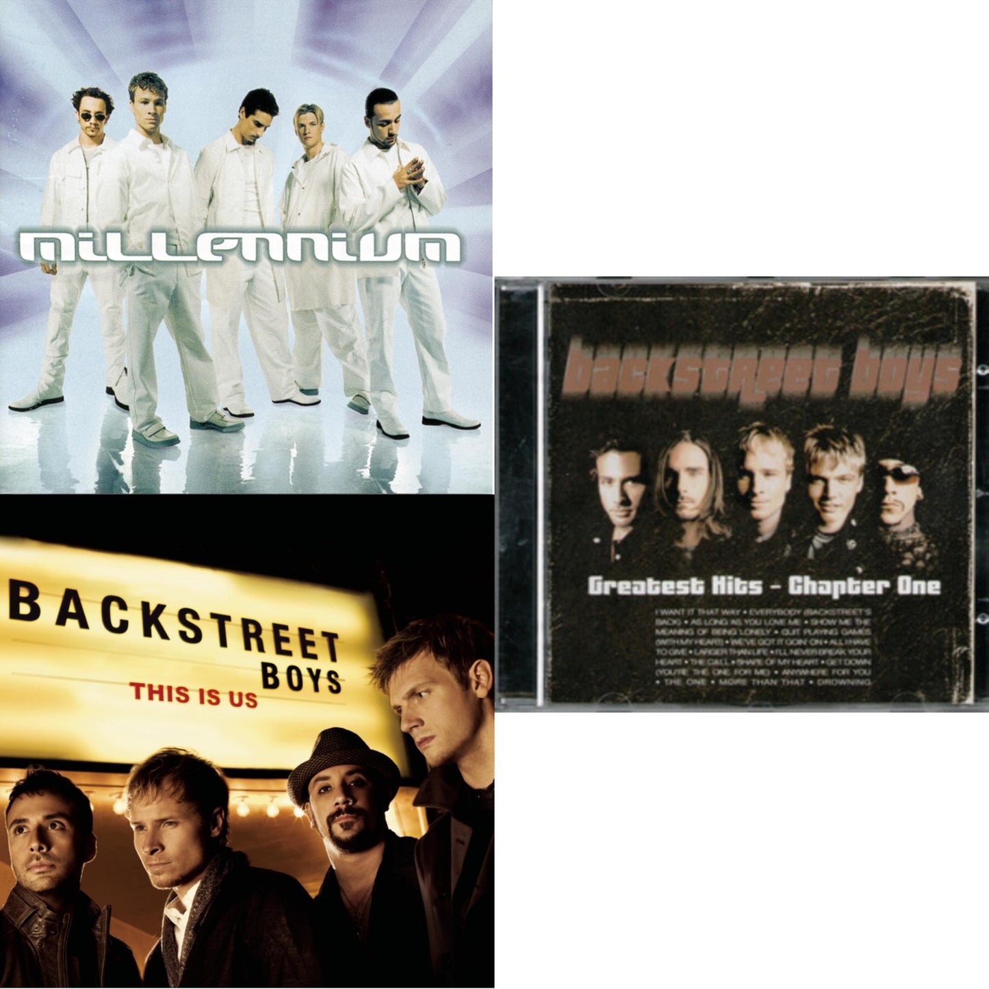 This is a 3 CD SKU bundle.
1.This CD is brand new.Format: CDThis item's title is: MillenniumArtist: Backstreet BoysLabel: SONY SPECIAL MARKETINGBarcode: 886979103924Release Date: 4/12/2011
2.This CD is brand new.