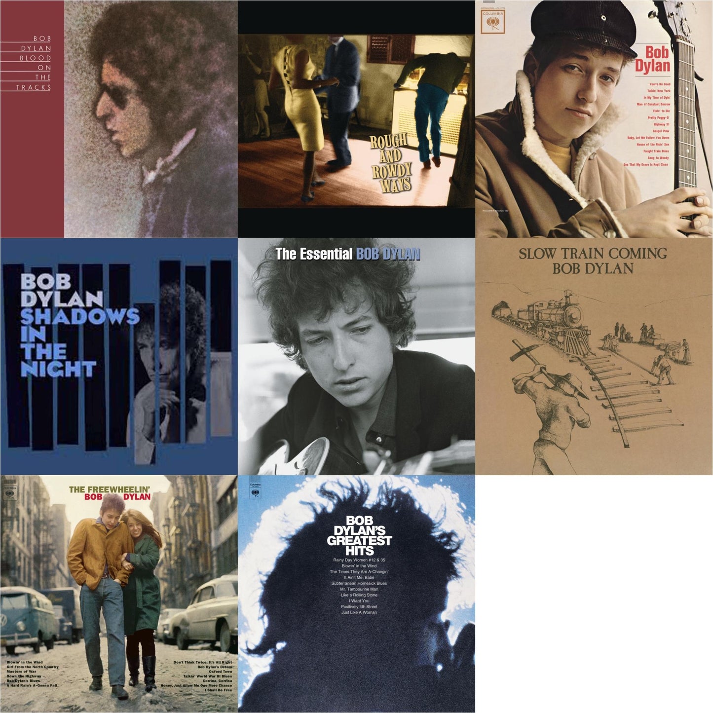 Bob Dylan - Blood On The Tracks (150G/Dl Insert) & Rough & Rowdy Ways (2LP/180G/Dl Card) & Bob Dylan (Mono) & Shadows In The Night (LP/CD/180G) & Essential Bob Dylan & Slow Train Coming (150G/Dl Card) & Freewheelin Bob Dylan (140G/Dl Code) & Greatest