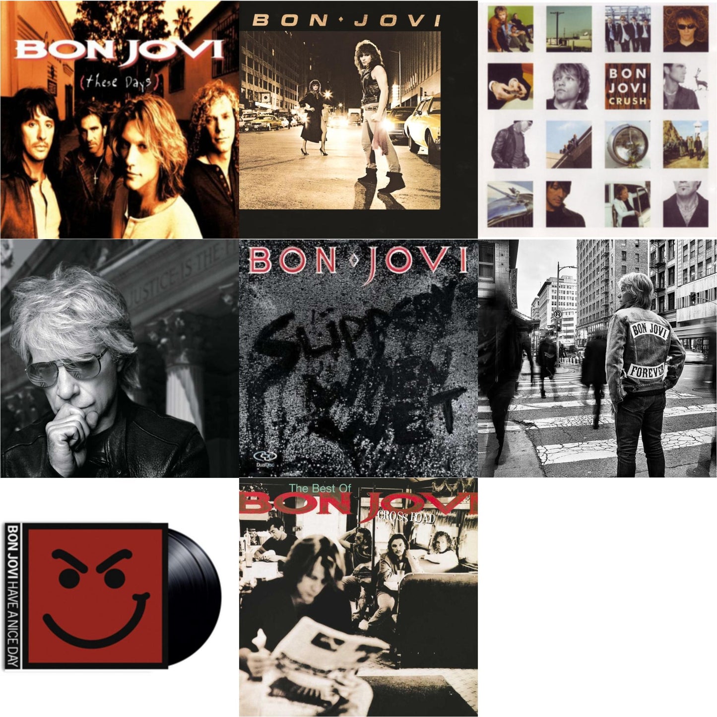 This is a 8 LP Vinyl SKU bundle.
1.This LP Vinyl is brand new.Format: LP VinylMusic Style: Pop RockThis item's title is: These Days (180G)Artist: Bon JoviLabel: ISLAND/UMEBarcode: 602547029454Release Date: 11/4/2016
2.This LP Vinyl is brand new.