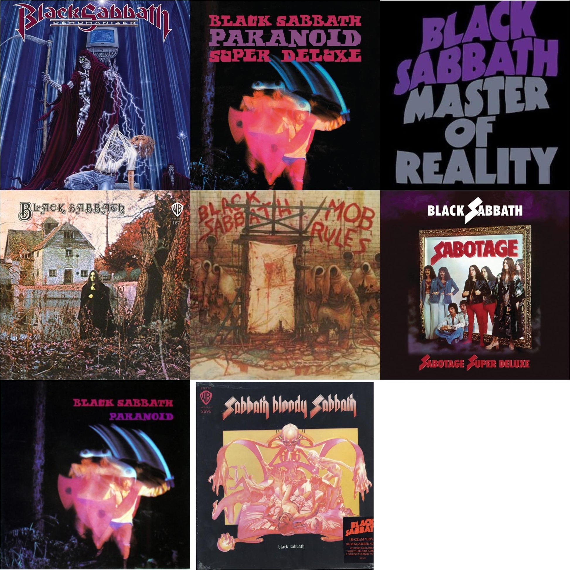 This is a 8 LP Vinyl SKU bundle.
1.This LP Vinyl is brand new.Format: LP VinylMusic Style: Hard RockThis item's title is: Sabbath Bloody Sabbath (180G)Artist: Black SabbathLabel: RHINO/WARNER BROS.Barcode: 081227946630Release Date: 8/5/2016
2.This LP Vinyl is brand new.