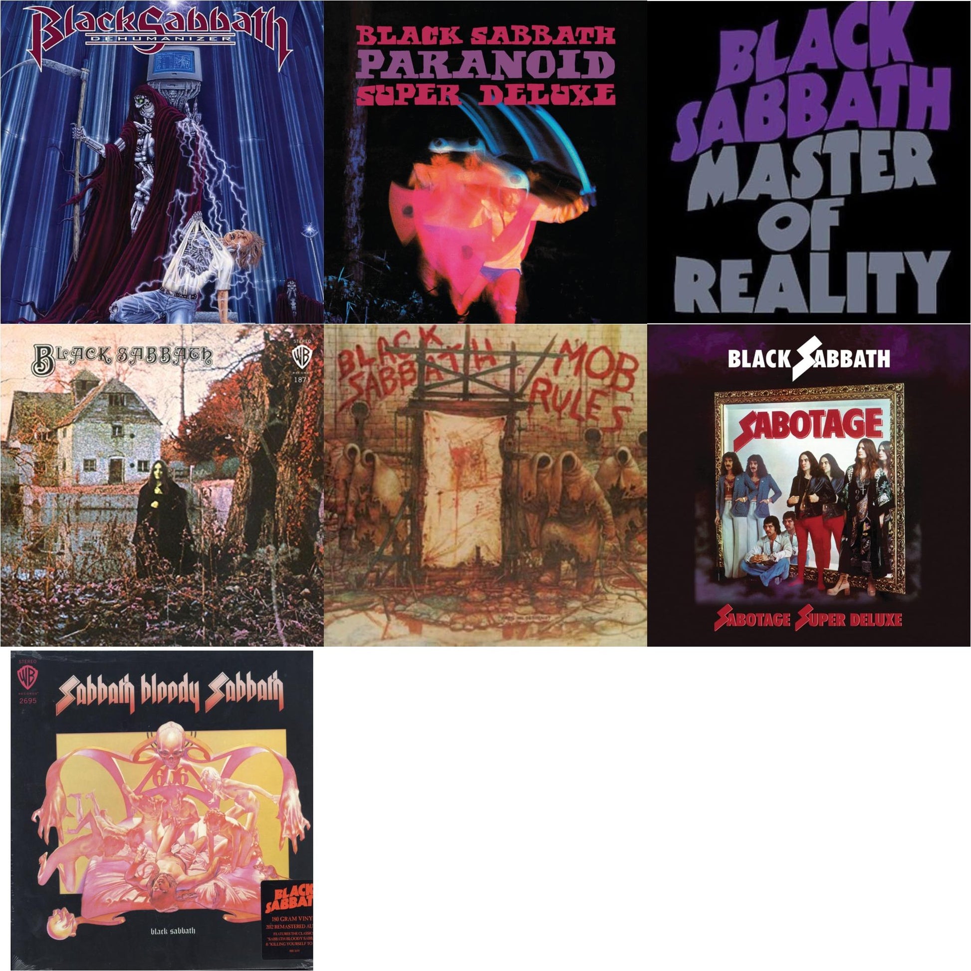This is a 7 LP Vinyl SKU bundle.
1.This LP Vinyl is brand new.Format: LP VinylMusic Style: Hard RockThis item's title is: Sabbath Bloody Sabbath (180G)Artist: Black SabbathLabel: RHINO/WARNER BROS.Barcode: 081227946630Release Date: 8/5/2016
2.This LP Vinyl is brand new.