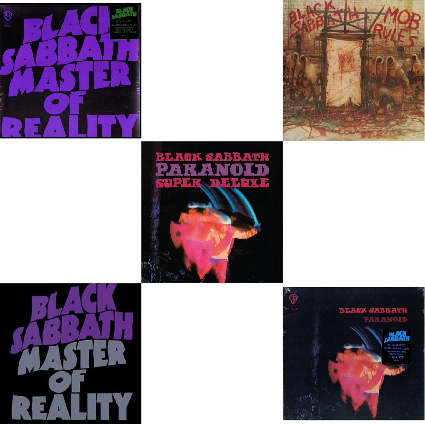 This is a 5 LP Vinyl SKU bundle.
1.This LP Vinyl is brand new.Format: LP VinylMusic Style: Hard RockThis item's title is: Paranoid (180G)Artist: Black SabbathLabel: RHINO/WARNER BROS.Barcode: 081227946708Release Date: 8/5/2016
2.This LP Vinyl is brand new.
