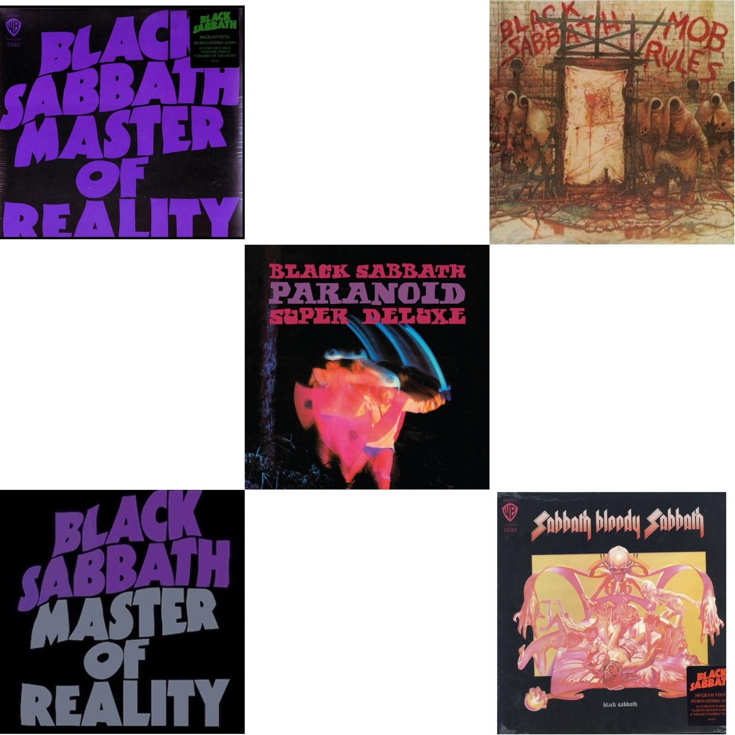 This is a 5 LP Vinyl SKU bundle.
1.This LP Vinyl is brand new.Format: LP VinylMusic Style: Hard RockThis item's title is: Sabbath Bloody Sabbath (180G)Artist: Black SabbathLabel: RHINO/WARNER BROS.Barcode: 081227946630Release Date: 8/5/2016
2.This LP Vinyl is brand new.
