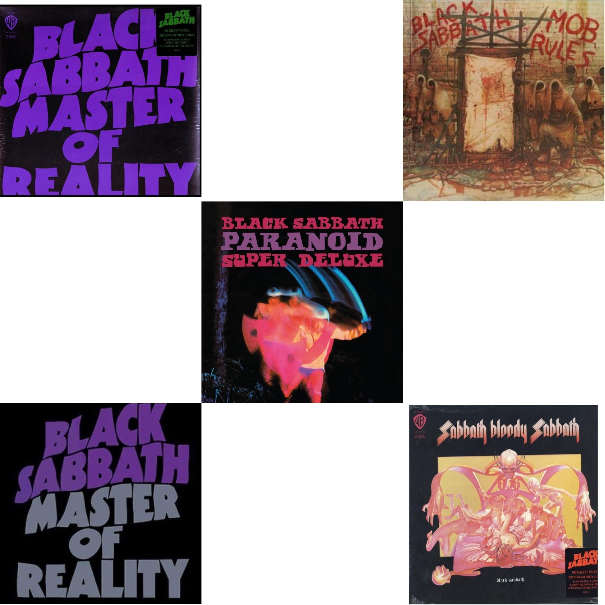 This is a 5 LP Vinyl SKU bundle.
1.This LP Vinyl is brand new.Format: LP VinylMusic Style: Hard RockThis item's title is: Sabbath Bloody Sabbath (180G)Artist: Black SabbathLabel: RHINO/WARNER BROS.Barcode: 081227946630Release Date: 8/5/2016
2.This LP Vinyl is brand new.
