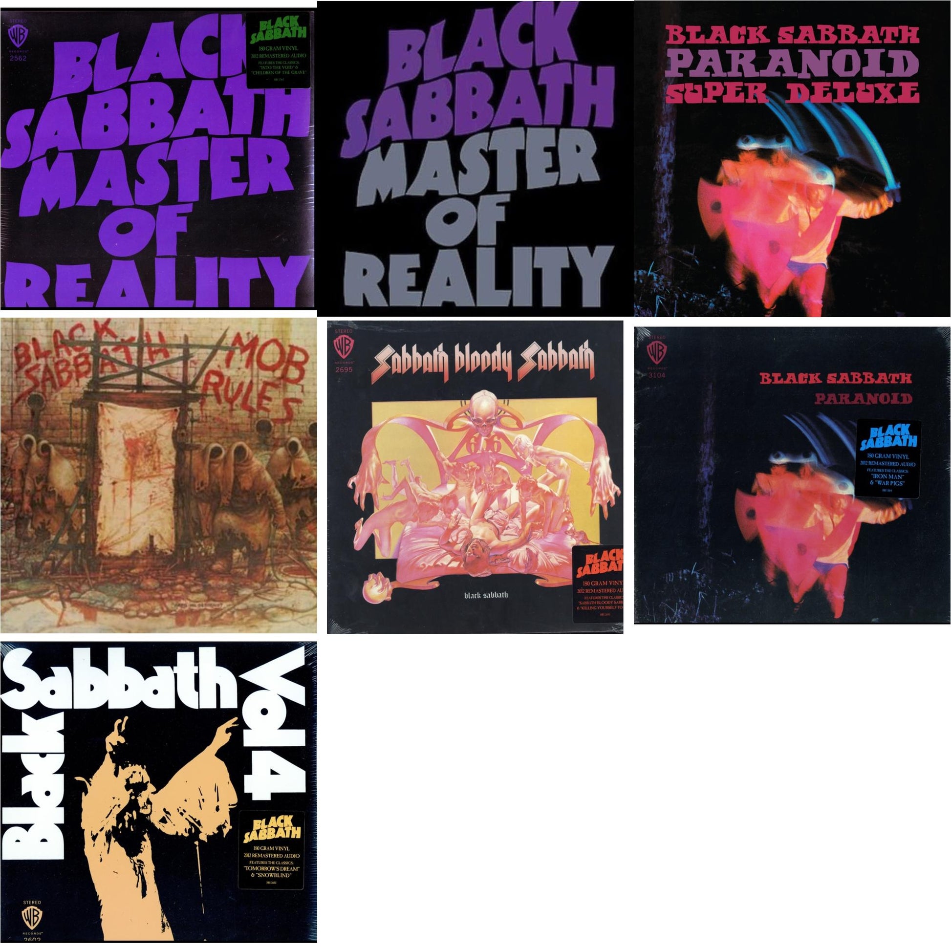 This is a 7 LP Vinyl SKU bundle.
1.This LP Vinyl is brand new.Format: LP VinylMusic Style: Heavy MetalThis item's title is: Vol. 4 (180G)Artist: Black SabbathLabel: RHINO/WARNER BROS.Barcode: 081227946609Release Date: 8/5/2016
2.This LP Vinyl is brand new.