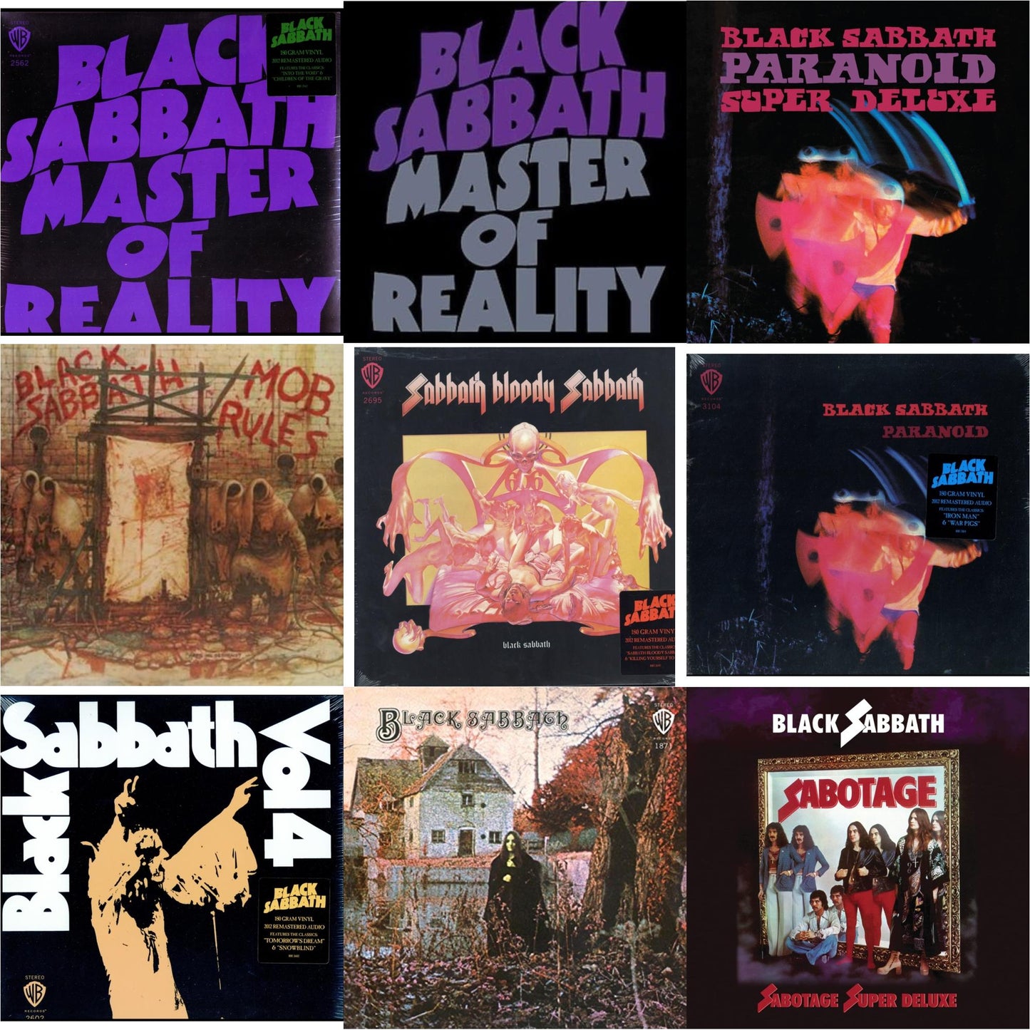 This is a 9 LP Vinyl SKU bundle.
1.This LP Vinyl is brand new.Format: LP VinylMusic Style: Heavy MetalThis item's title is: Vol. 4 (180G)Artist: Black SabbathLabel: RHINO/WARNER BROS.Barcode: 081227946609Release Date: 8/5/2016
2.This LP Vinyl is brand new.