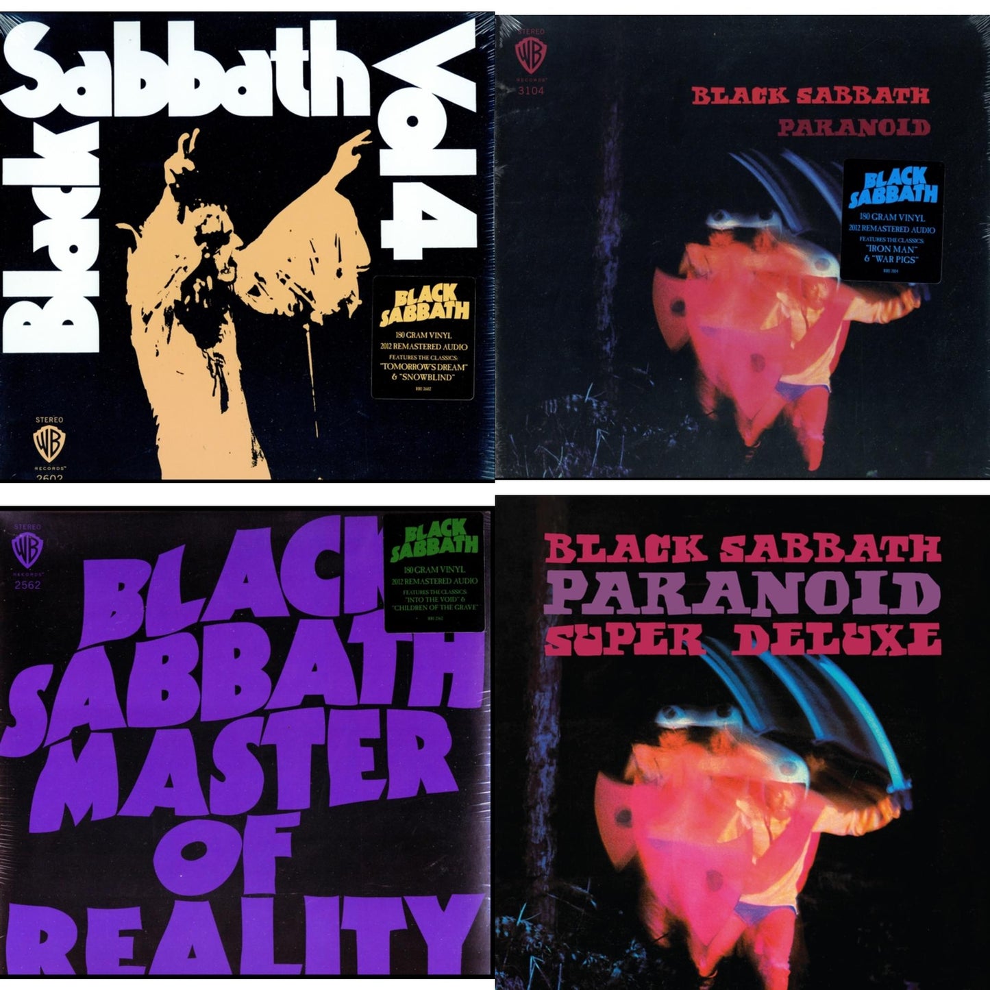 This is a 4 LP Vinyl SKU bundle.
1.This LP Vinyl is brand new.Format: LP VinylMusic Style: Heavy MetalThis item's title is: Vol. 4 (180G)Artist: Black SabbathLabel: RHINO/WARNER BROS.Barcode: 081227946609Release Date: 8/5/2016
2.This LP Vinyl is brand new.