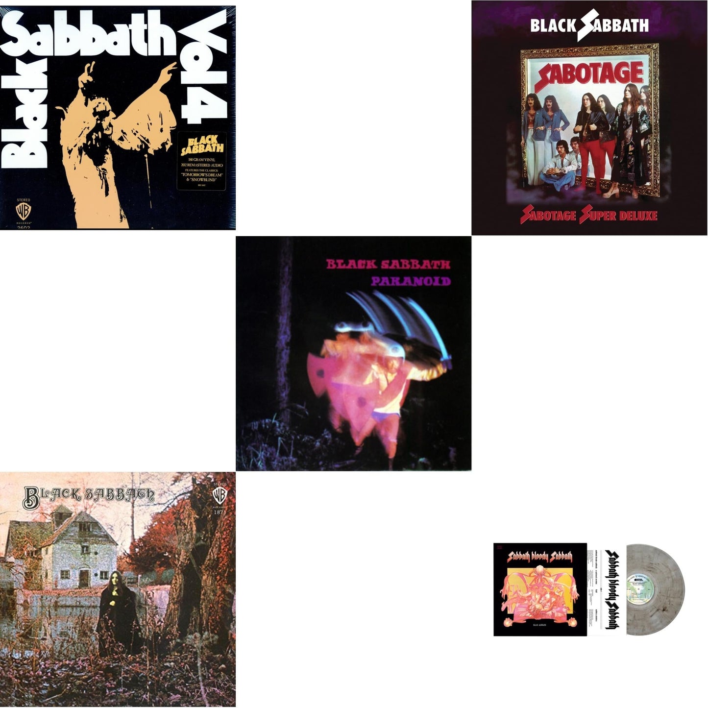 This is a 5 LP Vinyl SKU bundle.
1.This LP Vinyl is brand new.Format: LP VinylMusic Style: Heavy MetalThis item's title is: Vol. 4 (180G)Artist: Black SabbathLabel: RHINO/WARNER BROS.Barcode: 081227946609Release Date: 8/5/2016
2.This LP Vinyl is brand new.